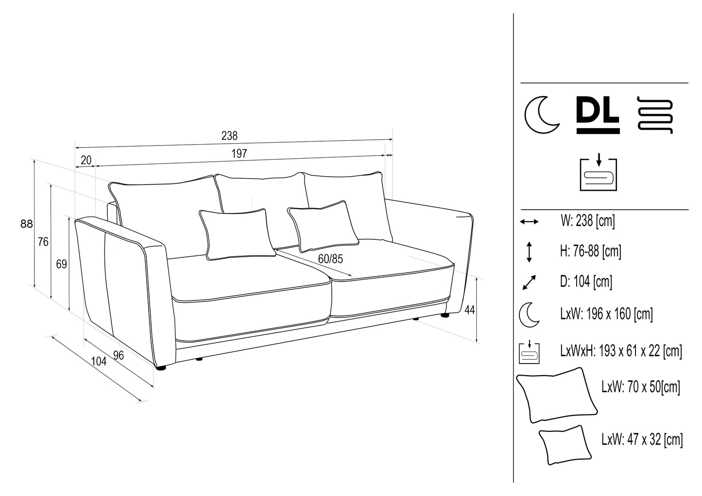 Dīvans Andi 238/104/ 76 - 90 cm gaišī pelēks - N1 Home