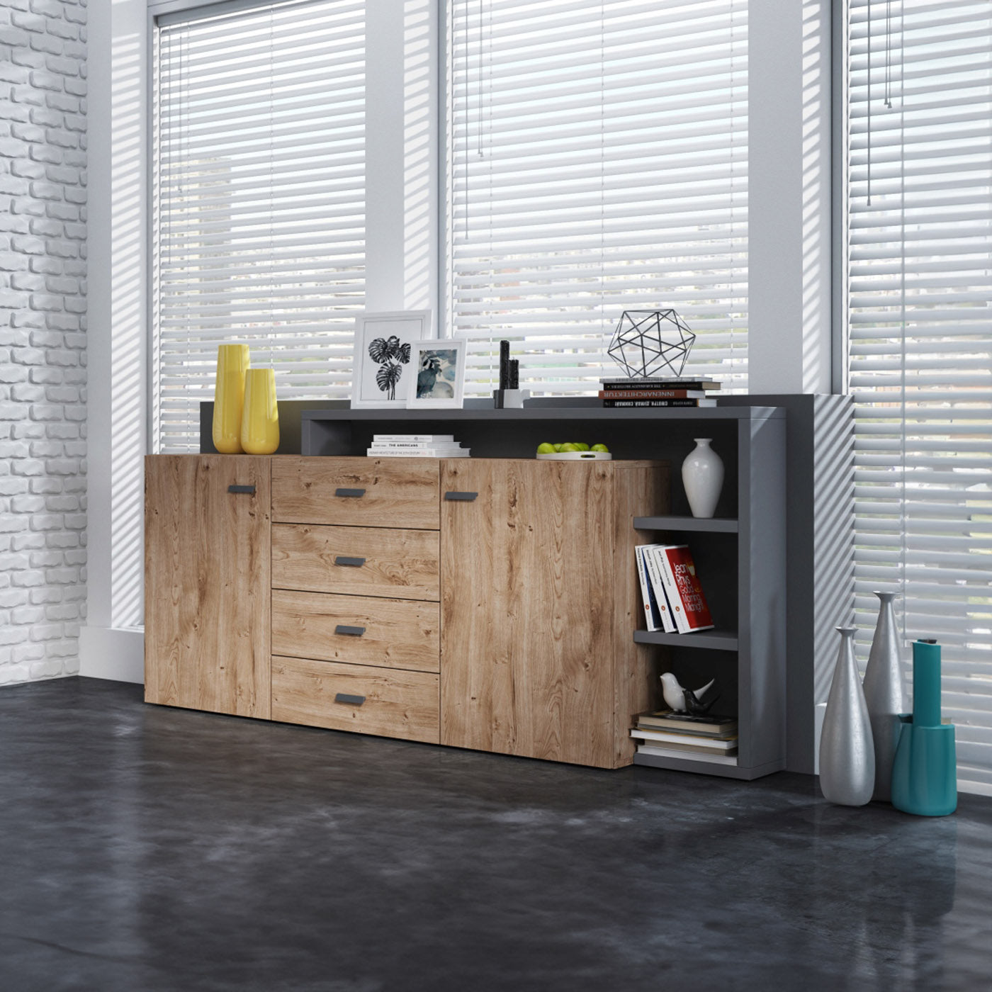 Kumode Botas 180/98/37 cm antracīts/ribbeka ozols - N1 Home