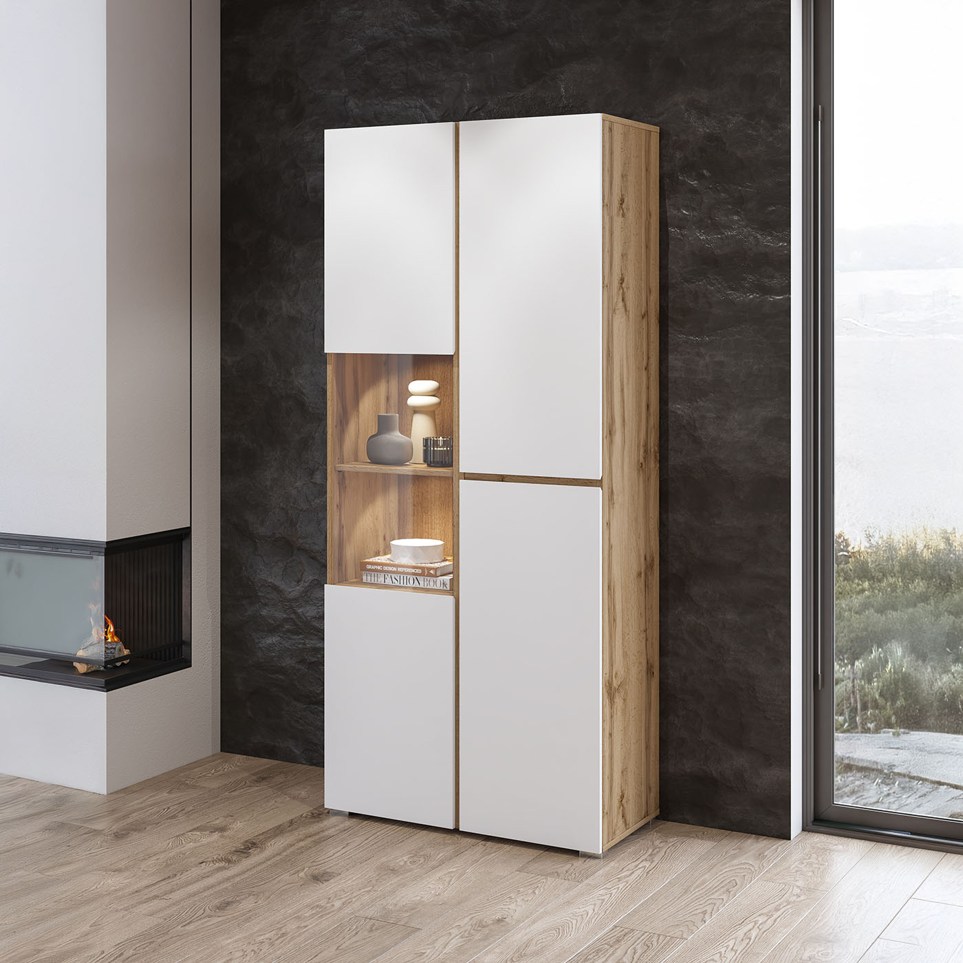 Vitrīnas skapis Krosit kolekcija 79/183/40 cm Votan ozols/balts