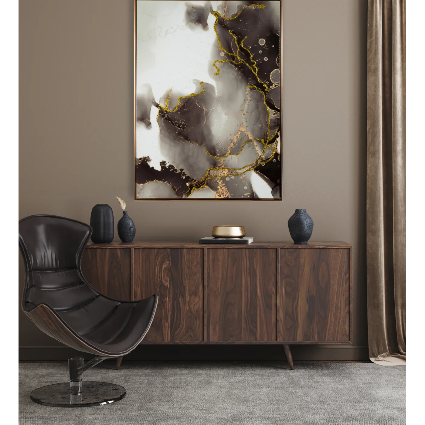 Abstrakta glezna ar zelta un melnu apdruku uz balta fona Aurora Zela 73/103 cm - N1 Home