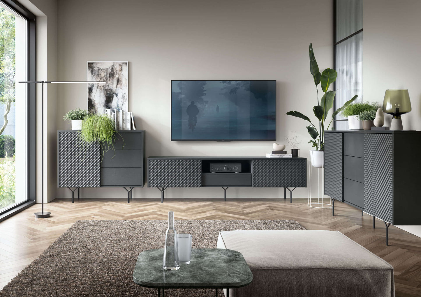TV skapis RAVEN 180, melns grafīts, 3D priekšpuse - N1 Home