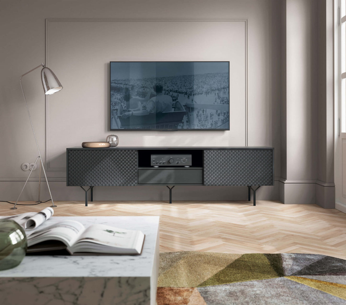 TV skapis RAVEN 180, melns grafīts, 3D priekšpuse - N1 Home