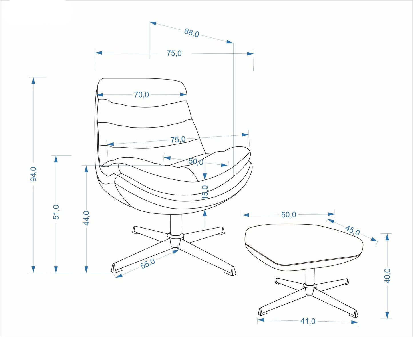 Krēsls Olimpa 75/88/94/44 cm un 50/45/40 cm Monte 90