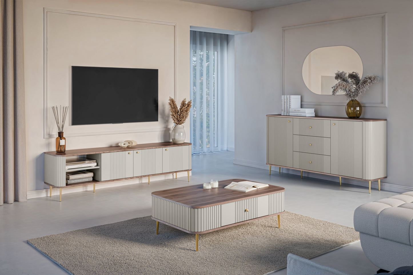 TV skapis Vespa 187/51/38 cm kašmirs/rieksts/zelts - N1 Home