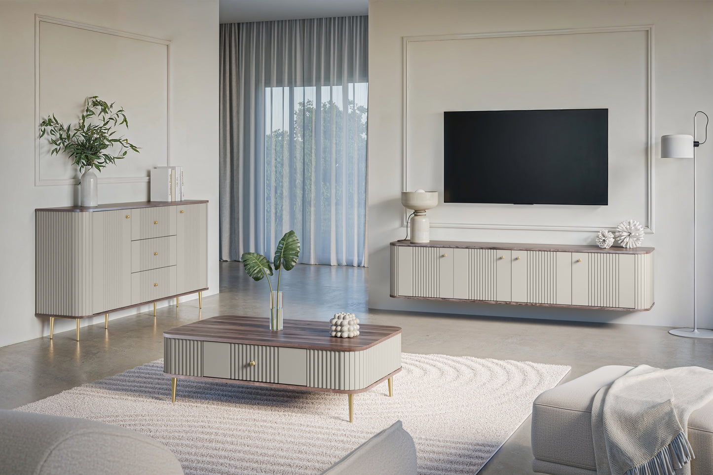 TV skapis Vespa 187/36/38 cm kašmirs/rieksts/zelts - N1 Home