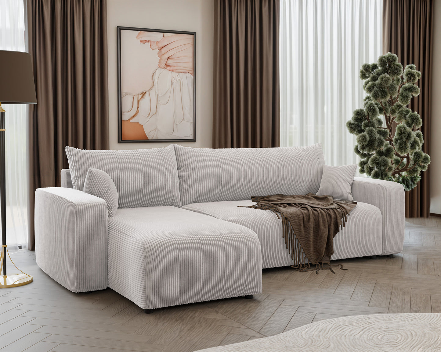 NONIPIA L-formas stūra dīvāns ar gulēšanas funkciju, ar konteineri, universāls, gaiši bēšs velvets - N1 Home