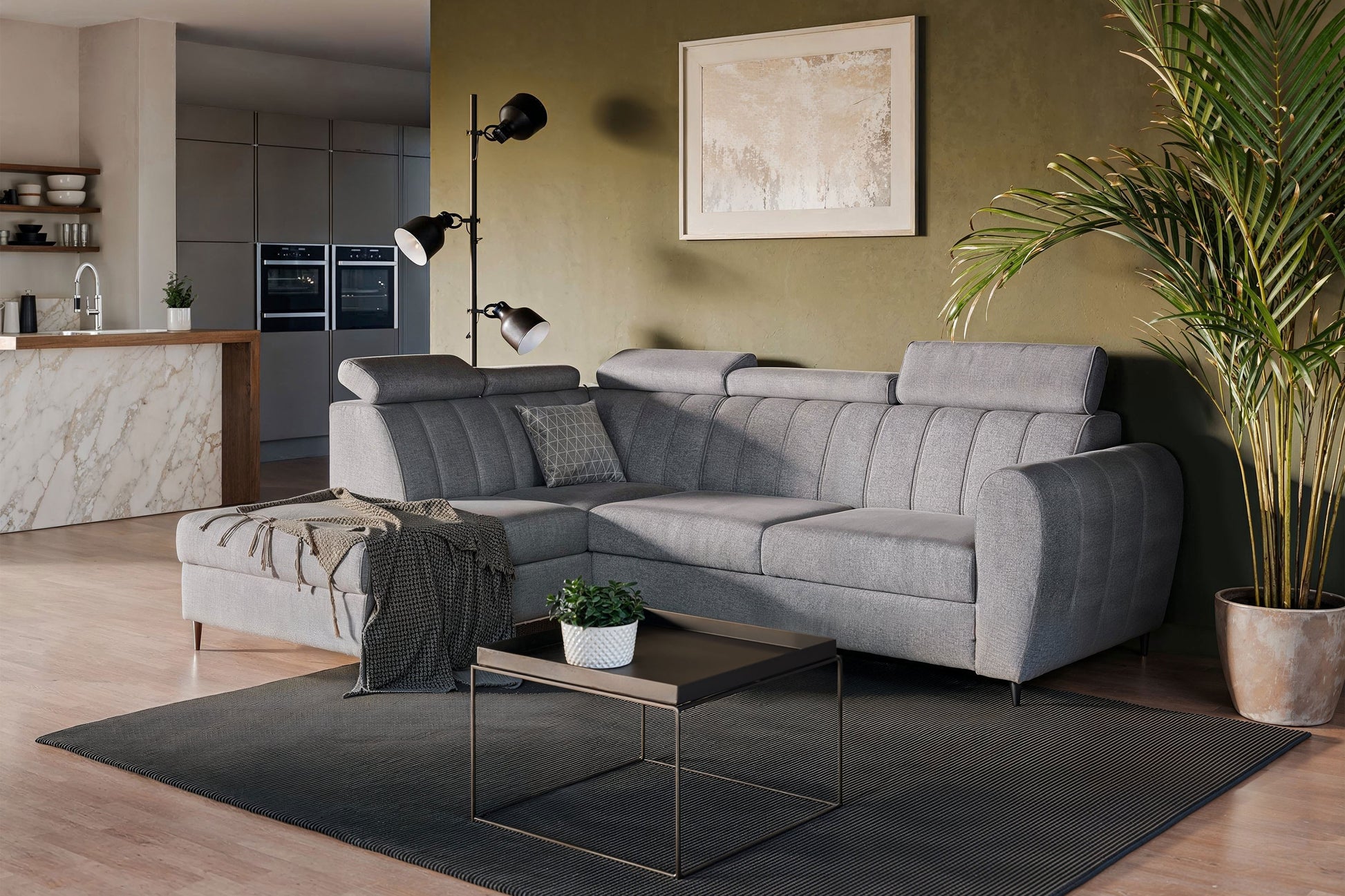 Kreisās puses stūra dīvāns ar gulēšanas funkciju Cel L - pelēks samts - N1 Home