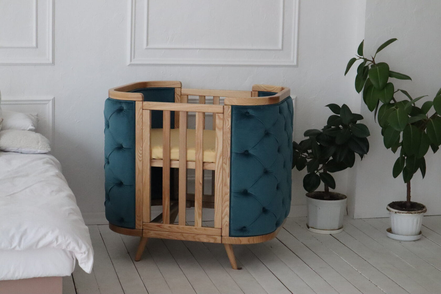 Gultiņa-transformers Boho ar kustīgu sienu 70/90-134 cm dabisks/dark mint velūrs - N1 Home