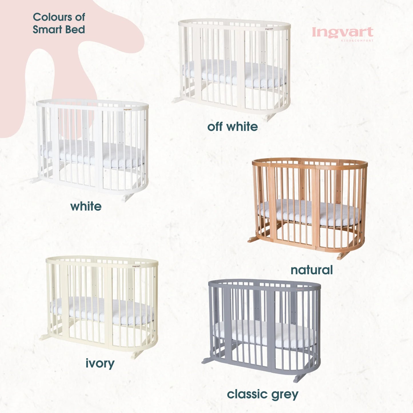 Ovāla bērnu gultiņa Transformers Smart Bed 7 in 1 82/75/60 cm ivory krāsa - N1 Home