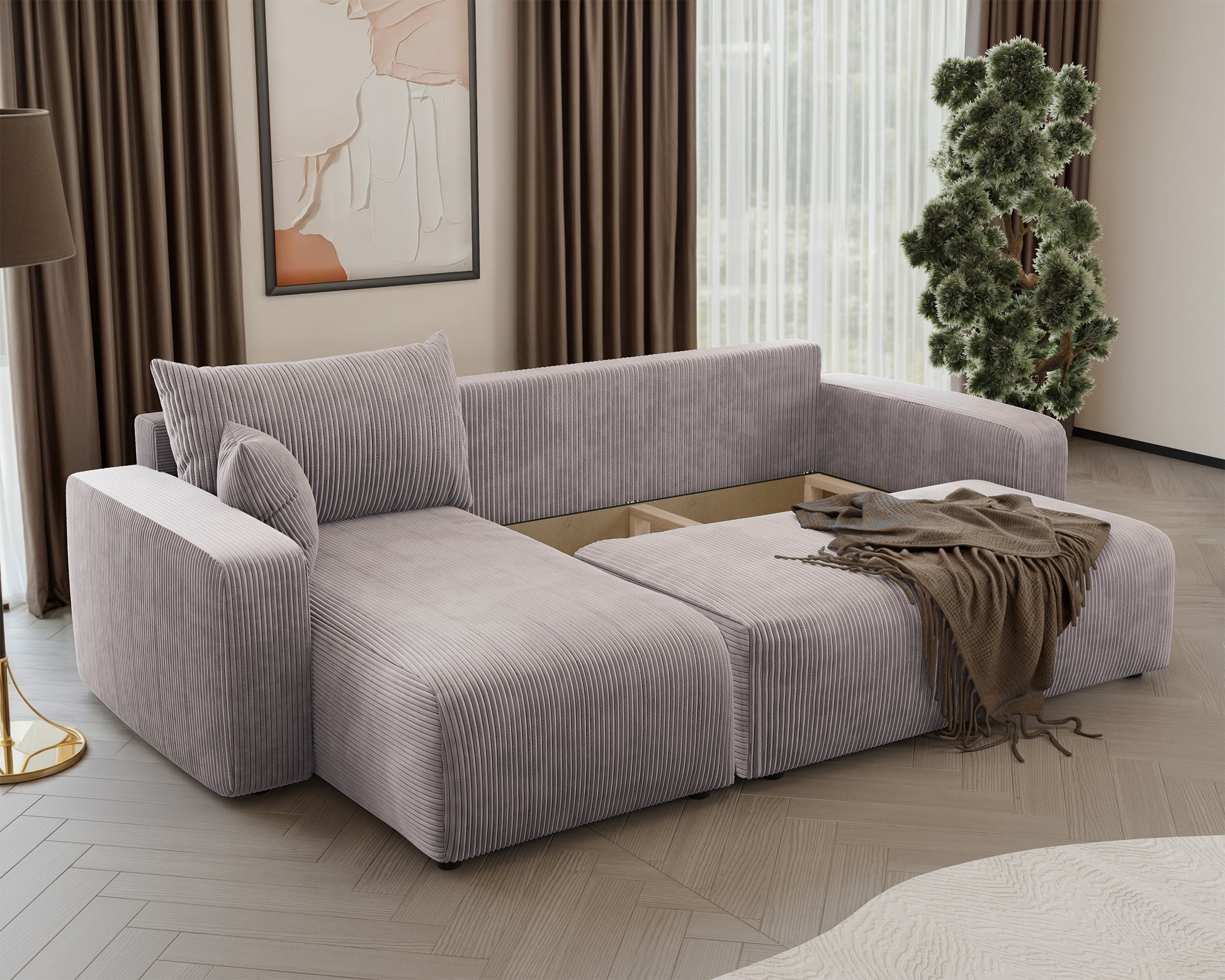 NONIPIA L-formas stūra dīvāns ar gulēšanas funkciju, ar konteineri, universāls, bēšs velvets - N1 Home