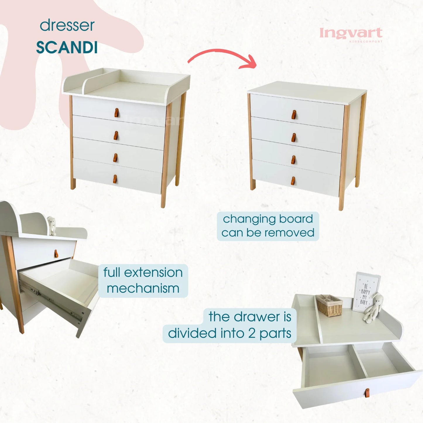 Ingvart Kumode ar Pārtinamo Galdiņu Scandi 82/80/50 cm White+Cappuccino - N1 Home