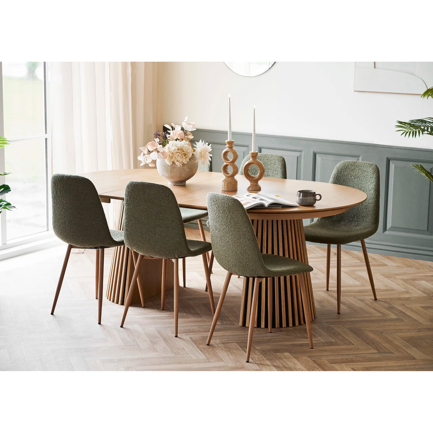 Ēdamgalda komplekts Osara 120/120-160-200/75 cm ozols/zaļs