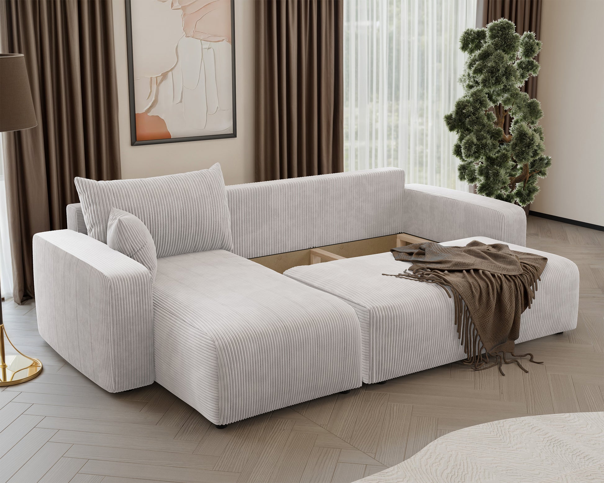 NONIPIA L-formas stūra dīvāns ar gulēšanas funkciju, ar konteineri, universāls, gaiši bēšs velvets - N1 Home