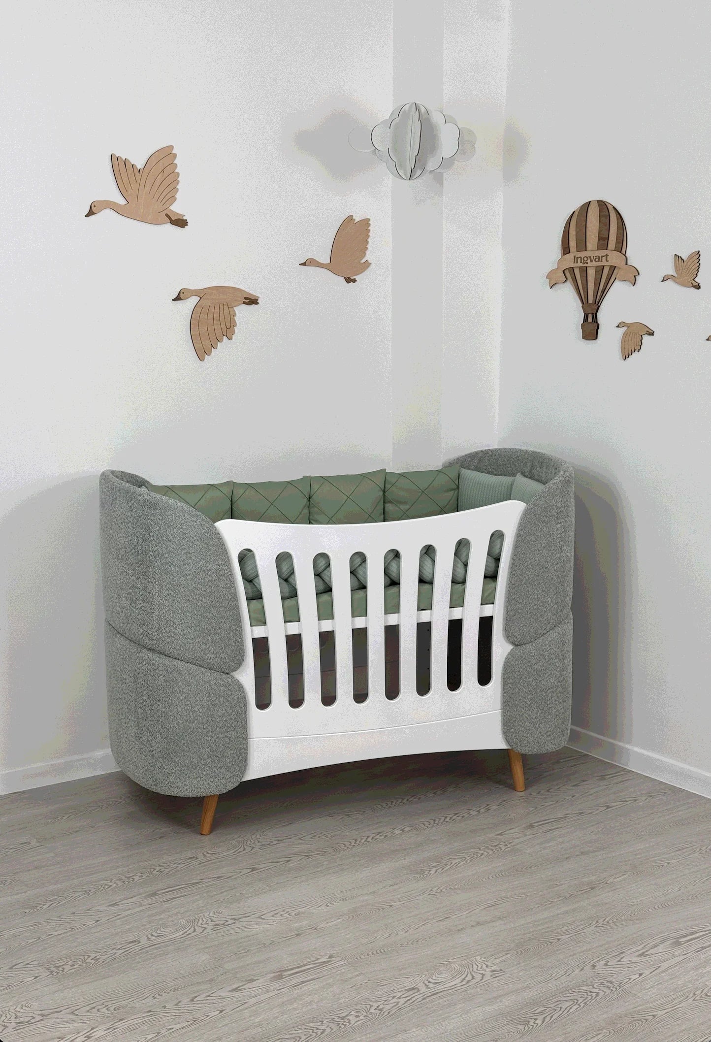 Ovāla bērnu gultiņa Transformers Fly Bed bukle 145/104/66 cm zaļa krāsa - N1 Home