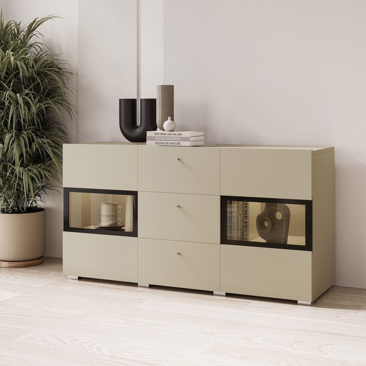 Kumode Barots 132/39/70 cm gaiši bēšs/melns - N1 Home