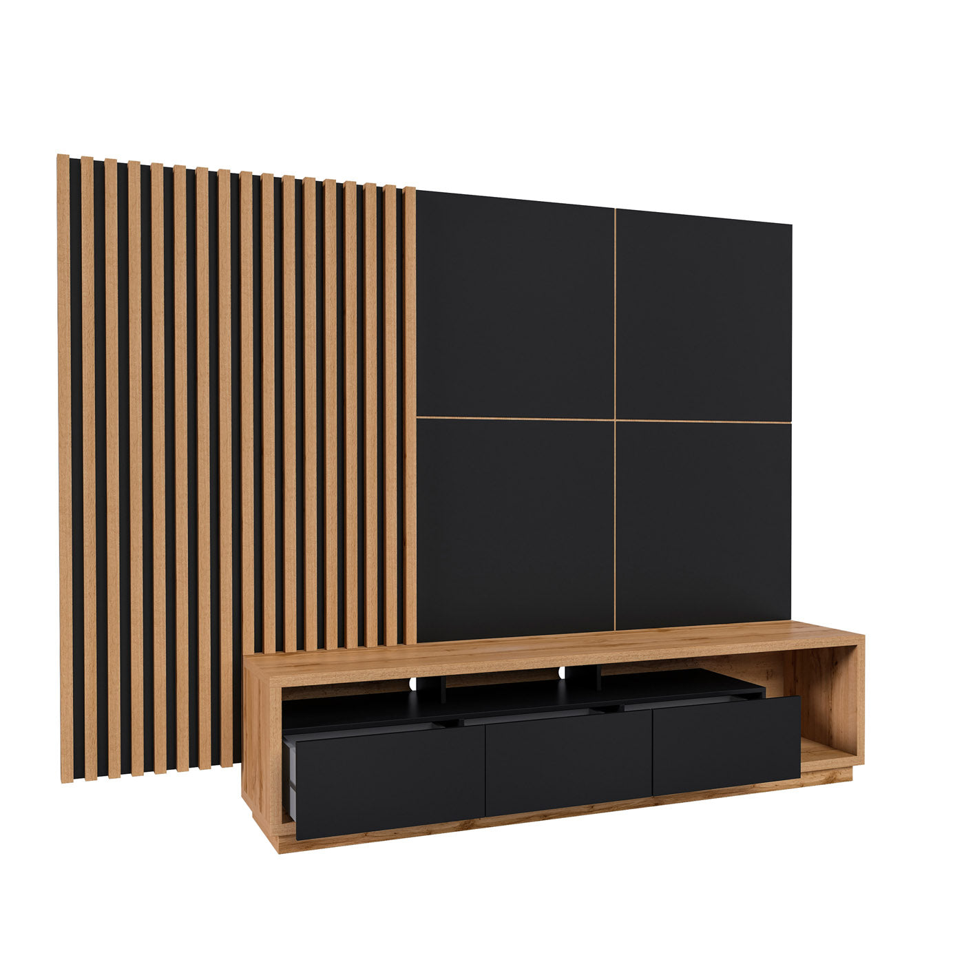 Sienas bloks Celija 215/196/45 cm melns/Votan ozols - N1 Home