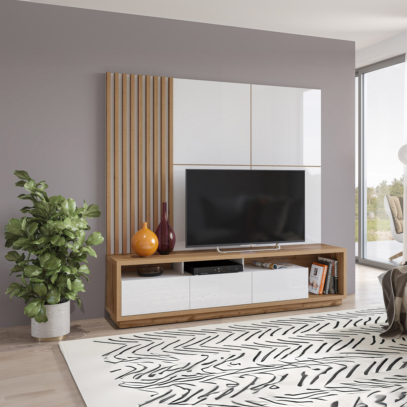 Sienas bloks Celija 200/196/45 cm balts/Votan ozols - N1 Home