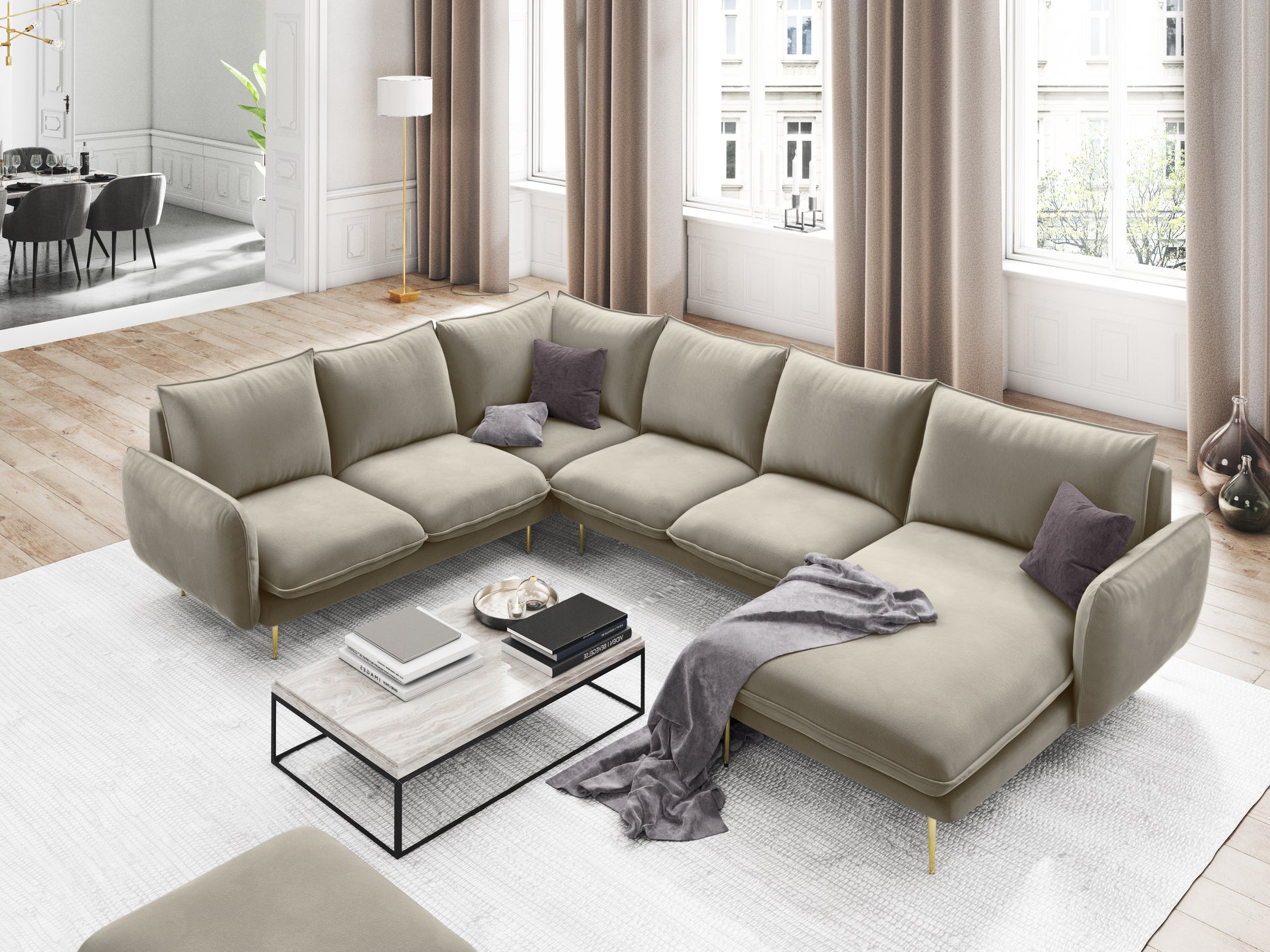 Dīvāns Cosmopolitan Design Vienna samta 330x235x95 cm bēšs - N1 Home