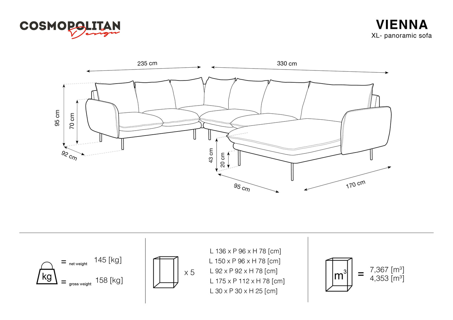Dīvāns Cosmopolitan Design Vienna samta 330x235x95 cm lavandes - N1 Home