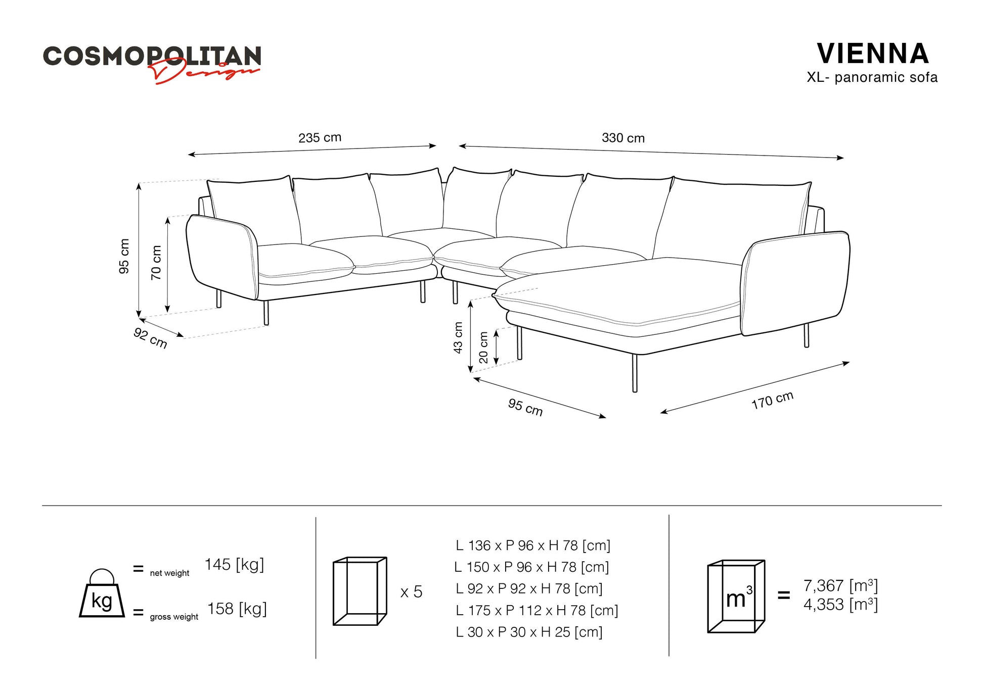 Dīvāns Cosmopolitan Design Vienna samta 330x235x95 cm gaiši pelēks - N1 Home