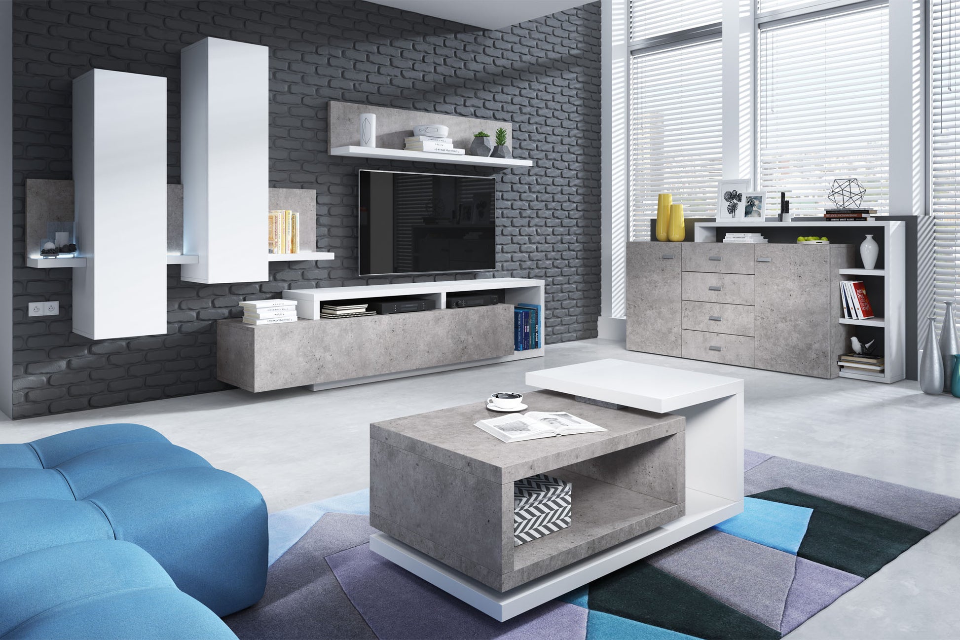 Kumode Botas 180/98/37 cm balts/betons Kolorādo - N1 Home