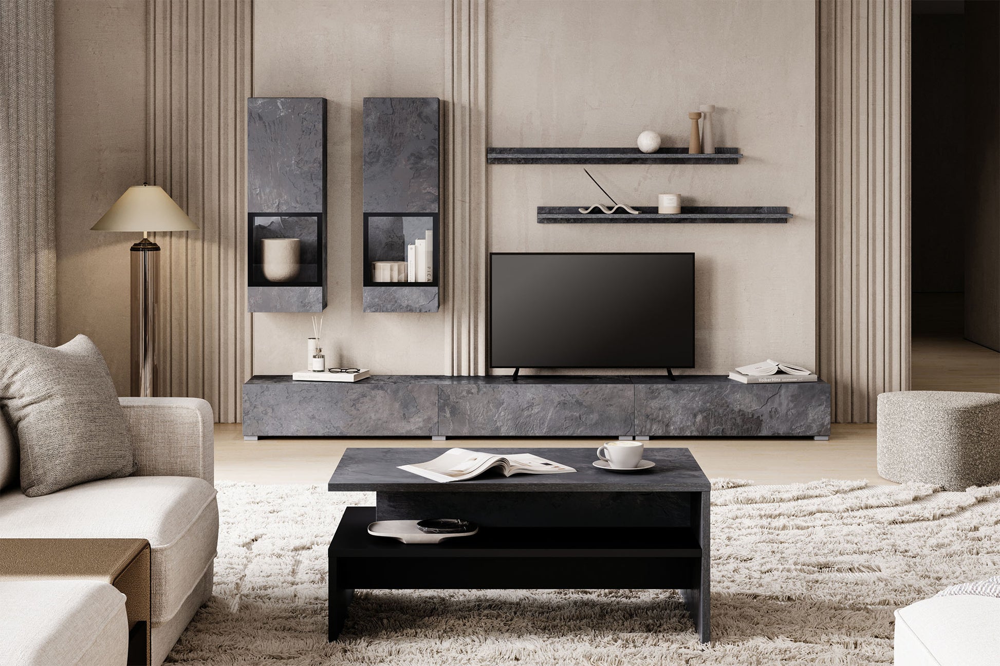 Kumode Barots 132/39/70 cm šīferis/melns - N1 Home