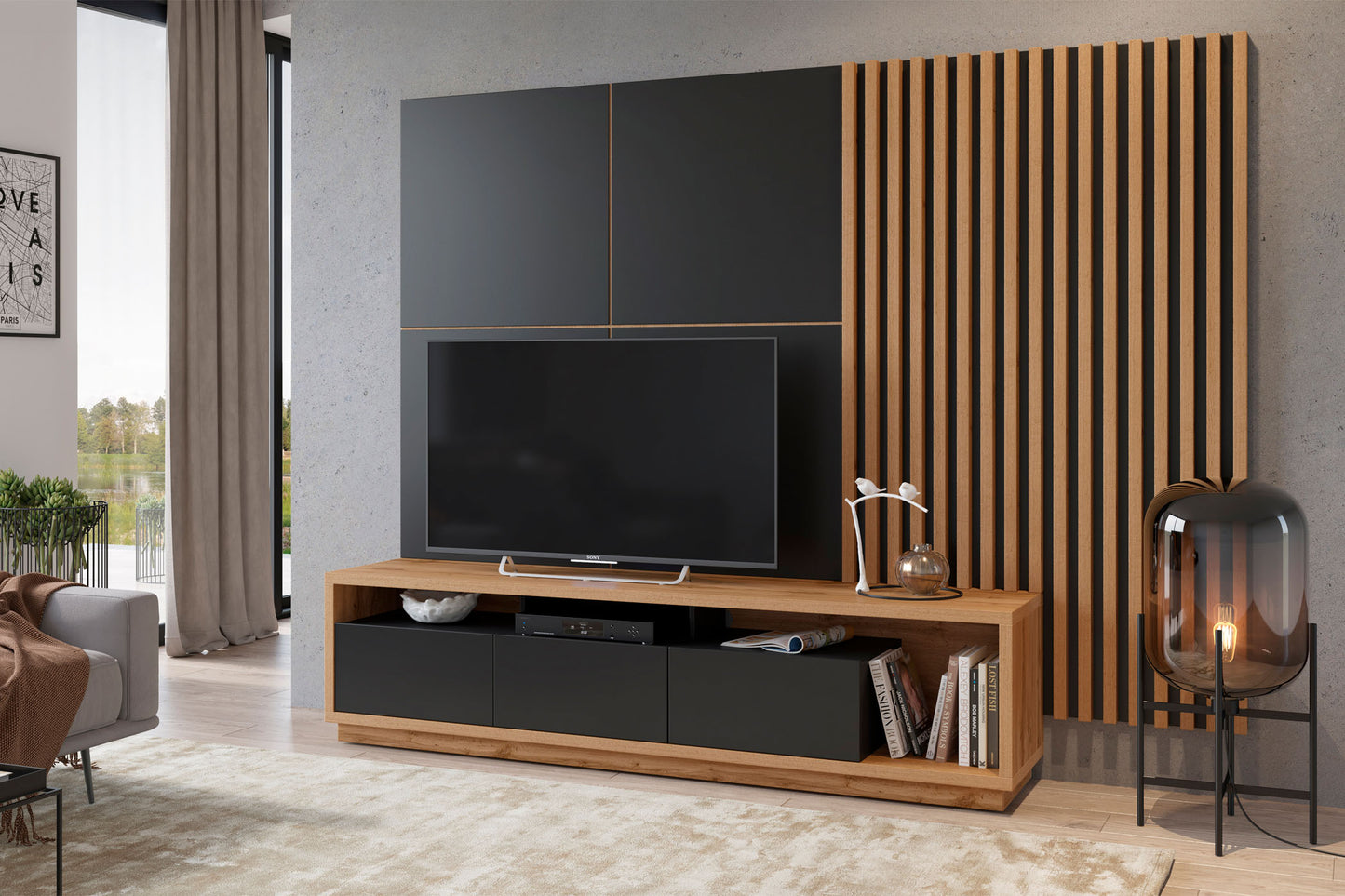 Sienas bloks Celija 200/196/45 cm melns/Votan ozols