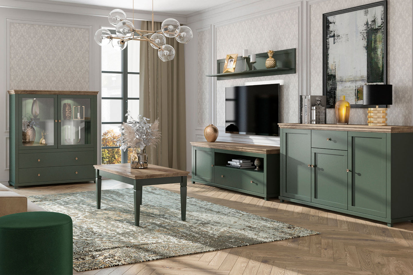 Kumode Evtar 126/138/42 cm zaļs/Lefkas ozols - N1 Home