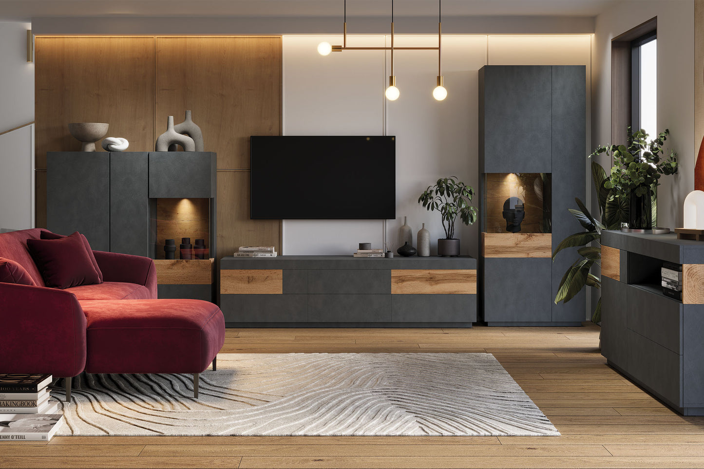 TV skapis Solani 206/54/50 cm antracīts/Votan ozols