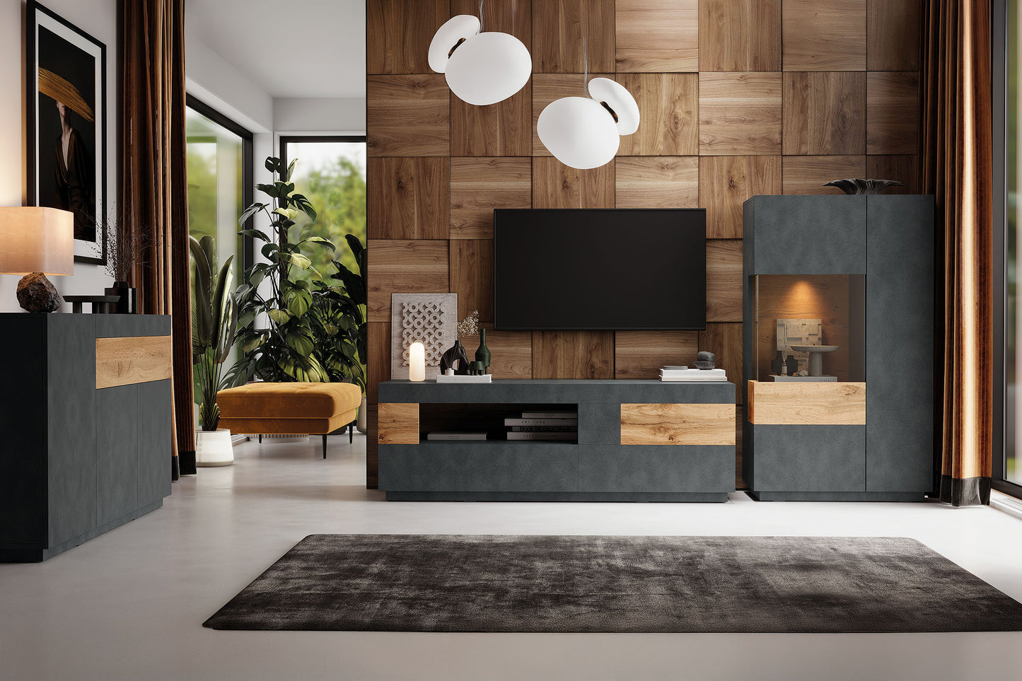 TV skapis Solani 206/54/50 cm antracīts/Votan ozols