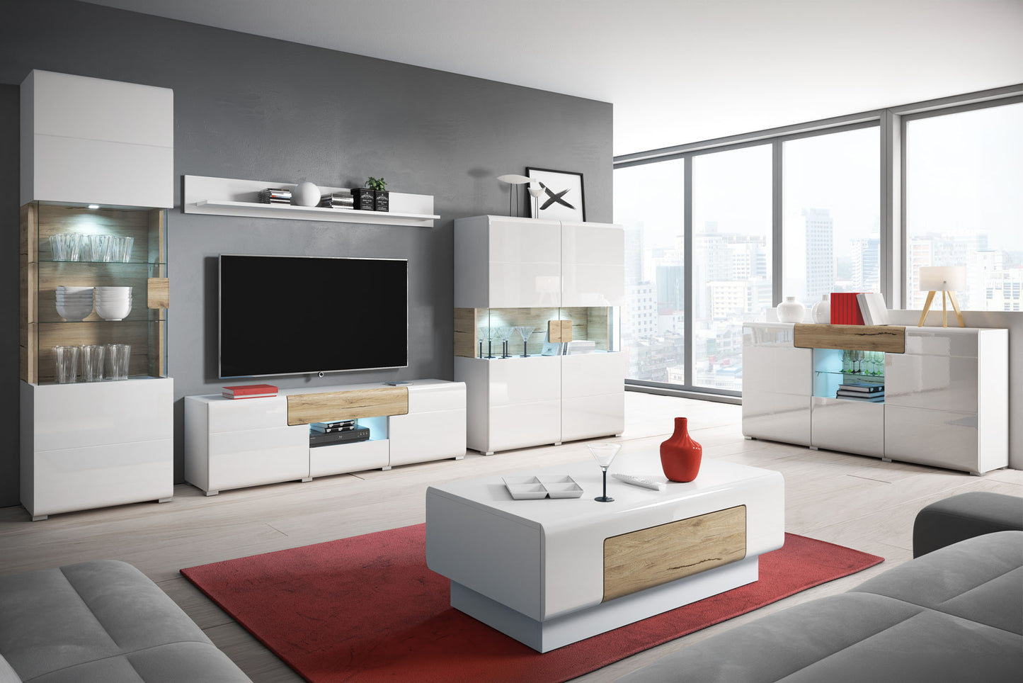 TV skapis Tola 208/39/47 cm balts/San Remo ozols