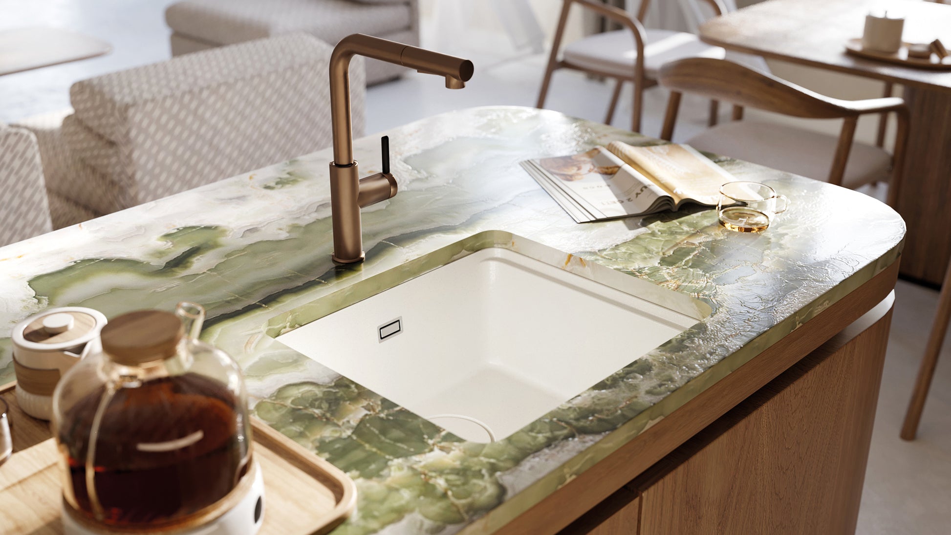 Virtuves jaucējkrāns ar izvelkamu snīpi MOMI 34,8 cm matēta bronza - N1 Home