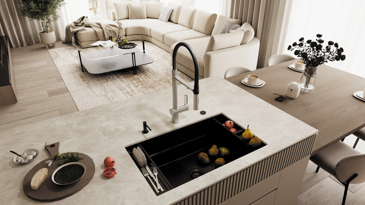 Virtuves jaucējkrāns ar ūdens filtra pieslēgumu un elastīgu snīpi Magnetic 549 mm matēts tērauds - N1 Home