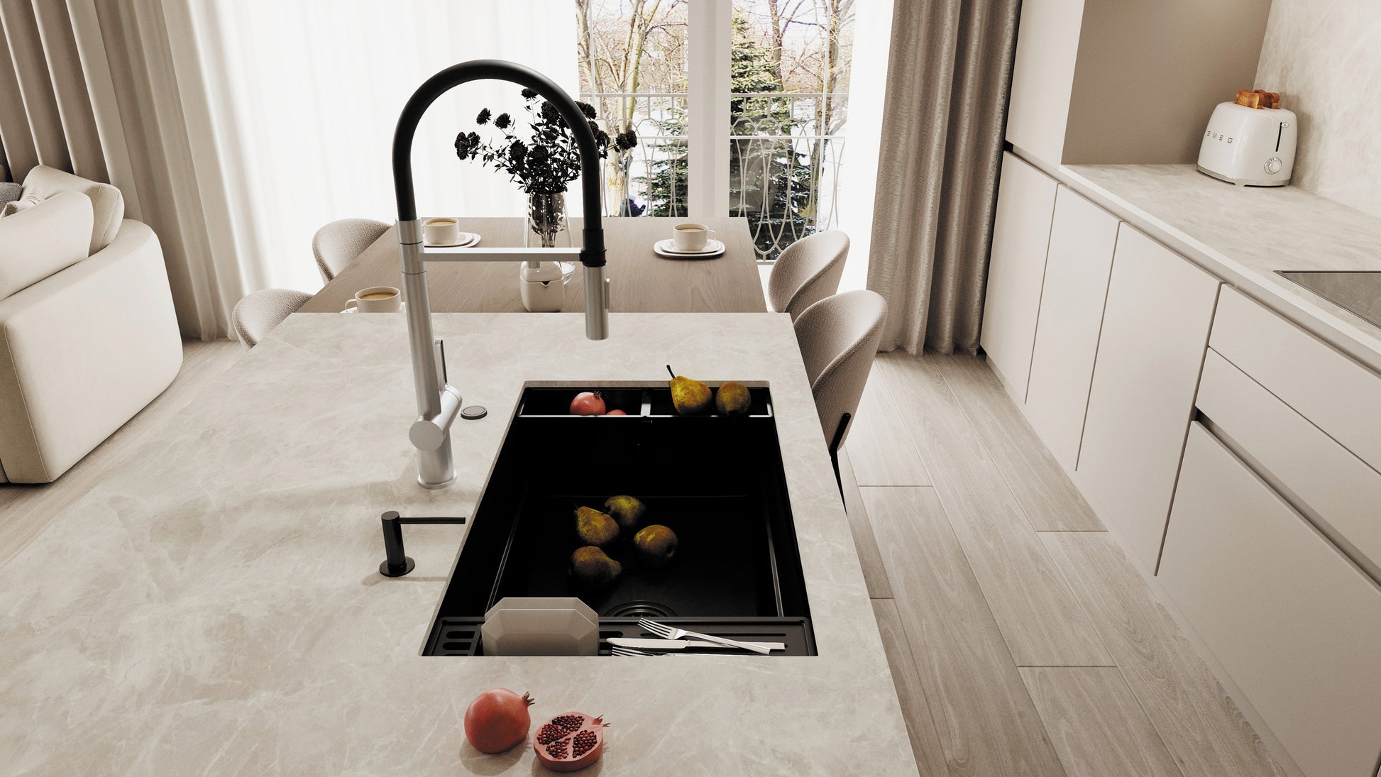 Virtuves jaucējkrāns ar ūdens filtra pieslēgumu un elastīgu snīpi Magnetic 549 mm titanium - N1 Home