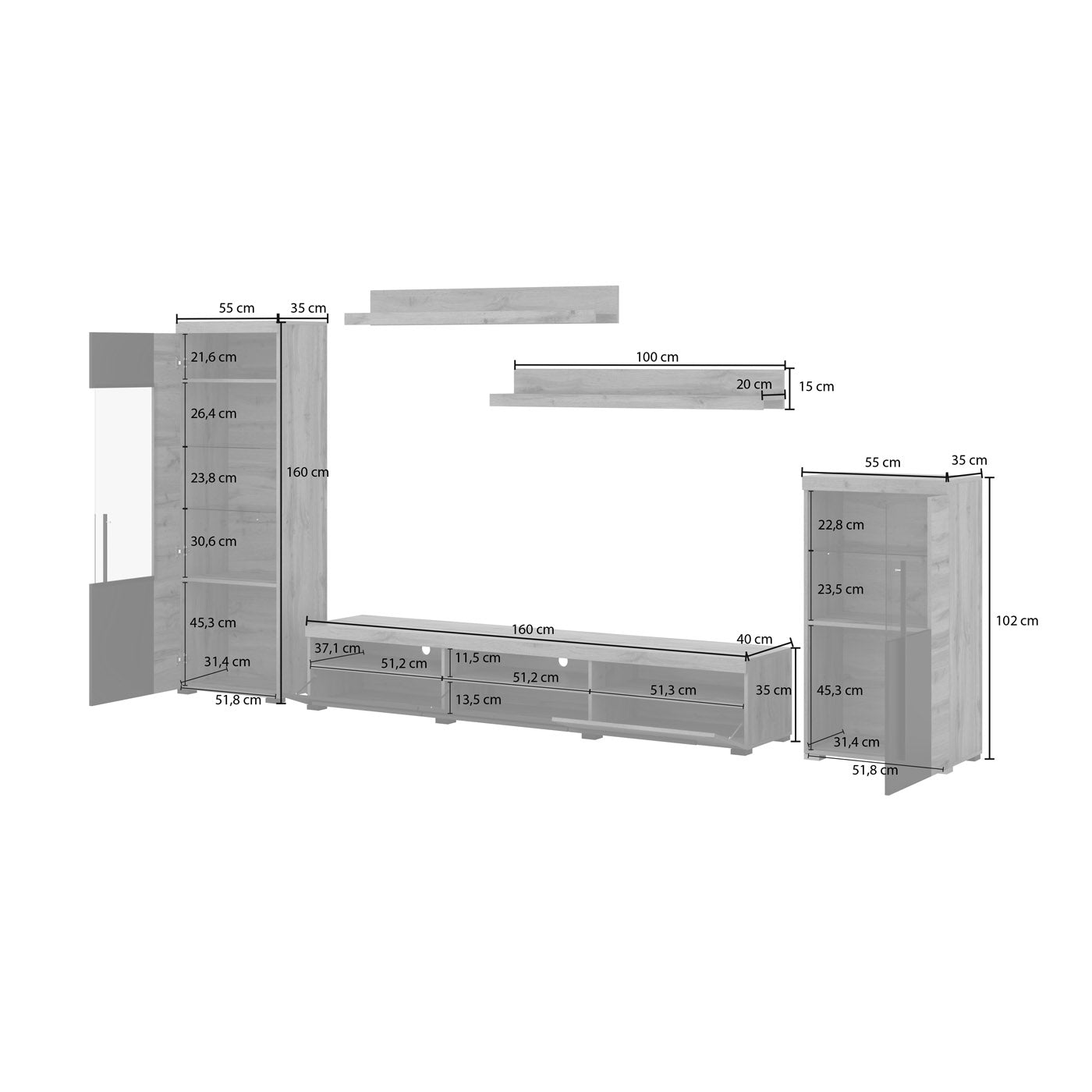 Sienas bloks Rogos 370/160/40 cm Votan ozols/melns