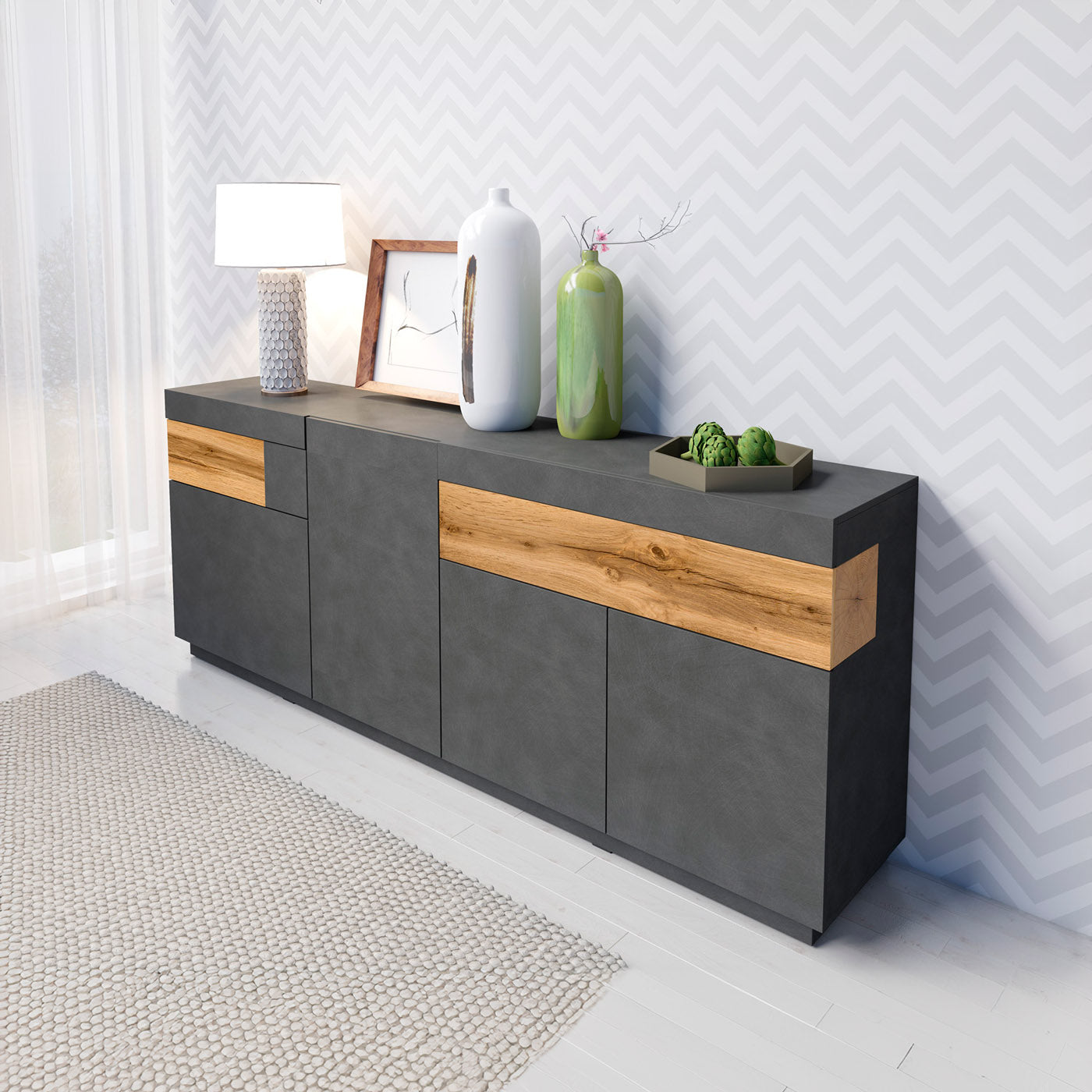 Kumode Solani 219/85/40 cm antracīts/Votan ozols - N1 Home