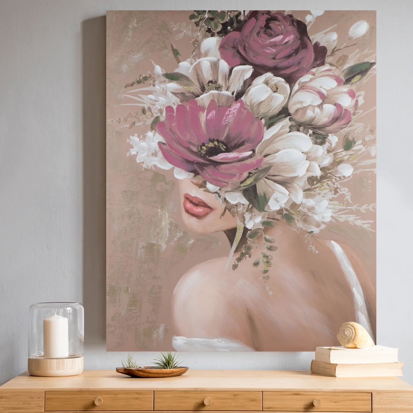 Glezna, ar roku gleznota uz audekla, sievietes portrets ar ziediem uz galvas 80/100 cm - N1 Home