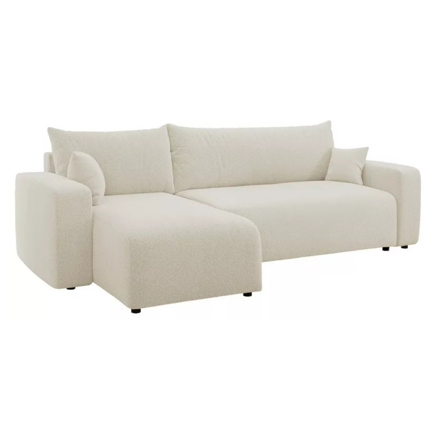 NONIPIA L-formas stūra dīvāns ar gulēšanas funkciju, ar konteineri, universāls, krēmkrāsas bukle - N1 Home