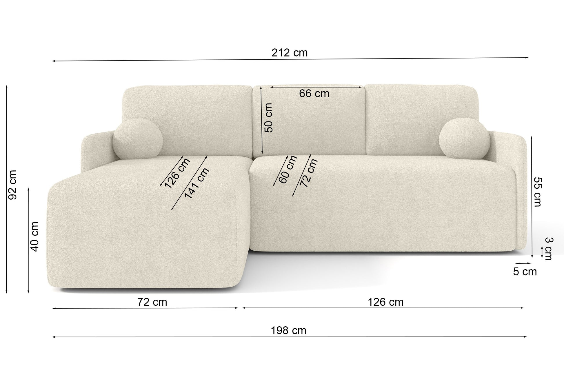 BLOOM L-veida stūra dīvāns ar gulēšanas funkciju (212/141/92cm) smilškrāsa - N1 Home