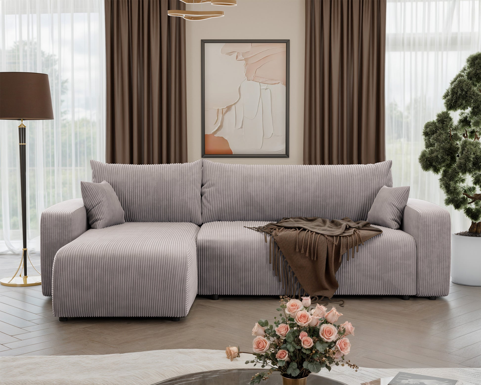 NONIPIA L-formas stūra dīvāns ar gulēšanas funkciju, ar konteineri, universāls, bēšs velvets - N1 Home