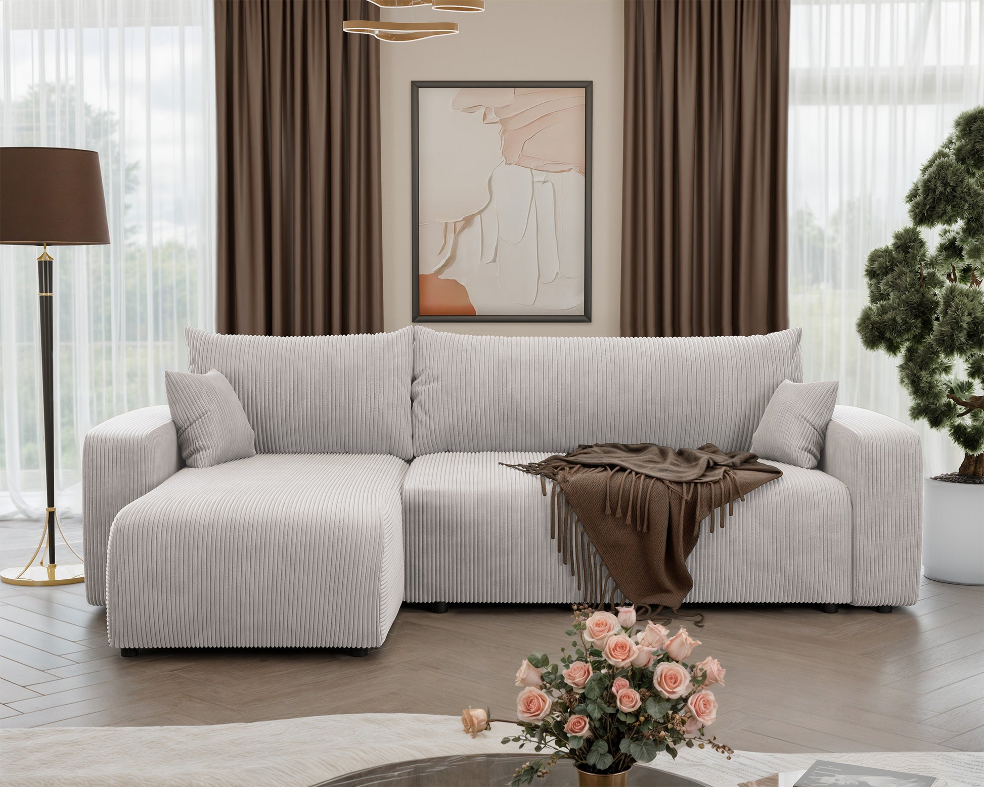 NONIPIA L-formas stūra dīvāns ar gulēšanas funkciju, ar konteineri, universāls, gaiši bēšs velvets - N1 Home