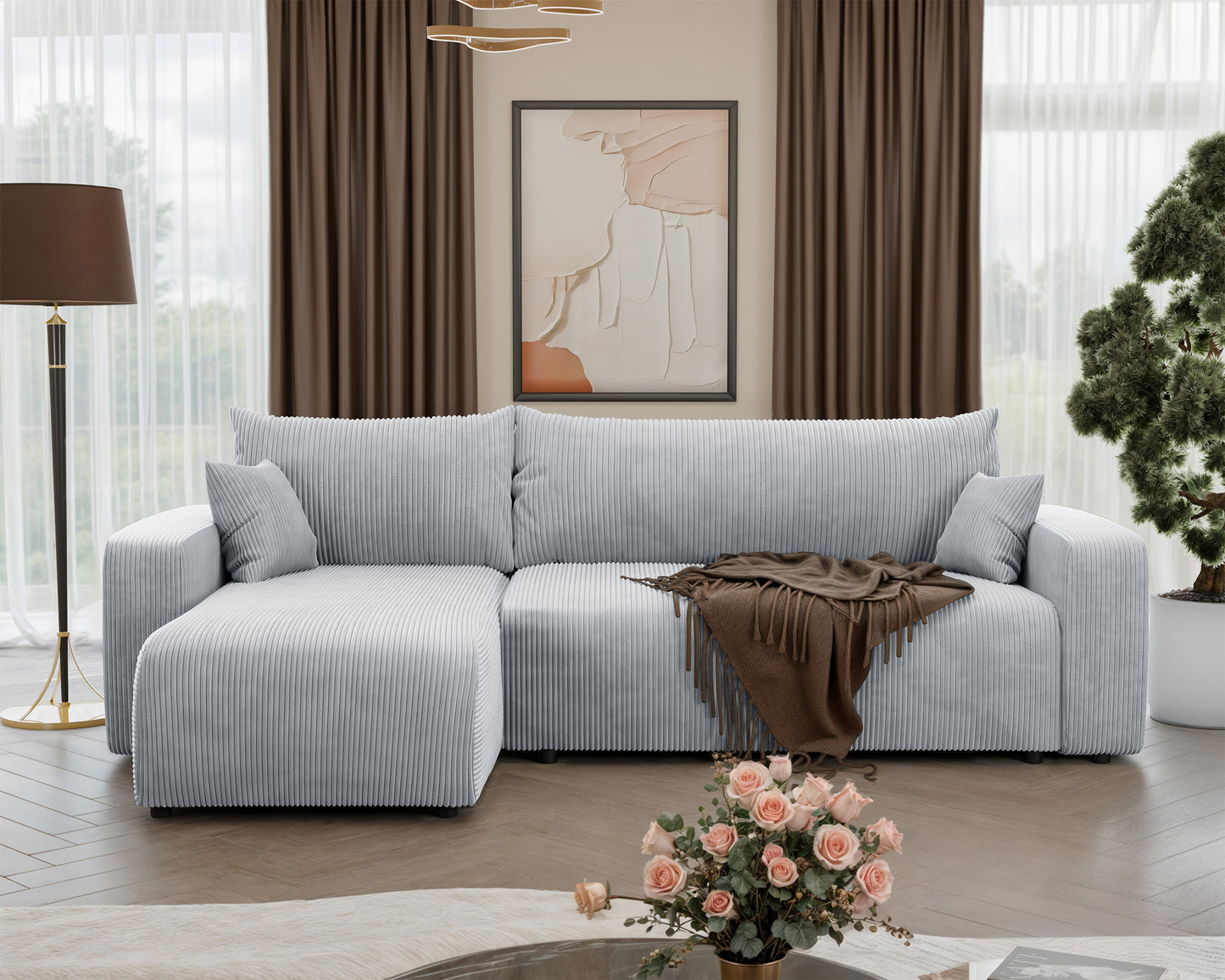 NONIPIA L-formas stūra dīvāns ar gulēšanas funkciju, ar konteineri, universāls, gaiši pelēks velvets - N1 Home