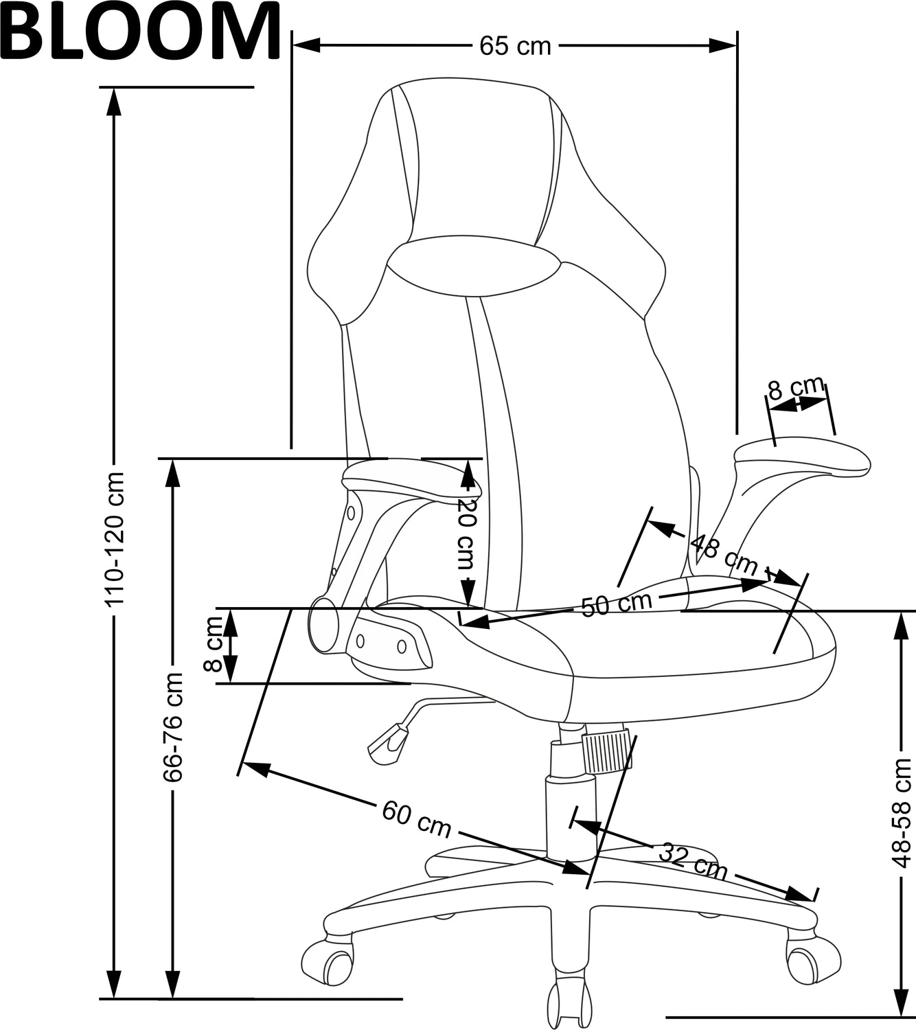 LM grozāmais krēsls 65/60/110-120/48-58 cm melns/pelēks - N1 Home