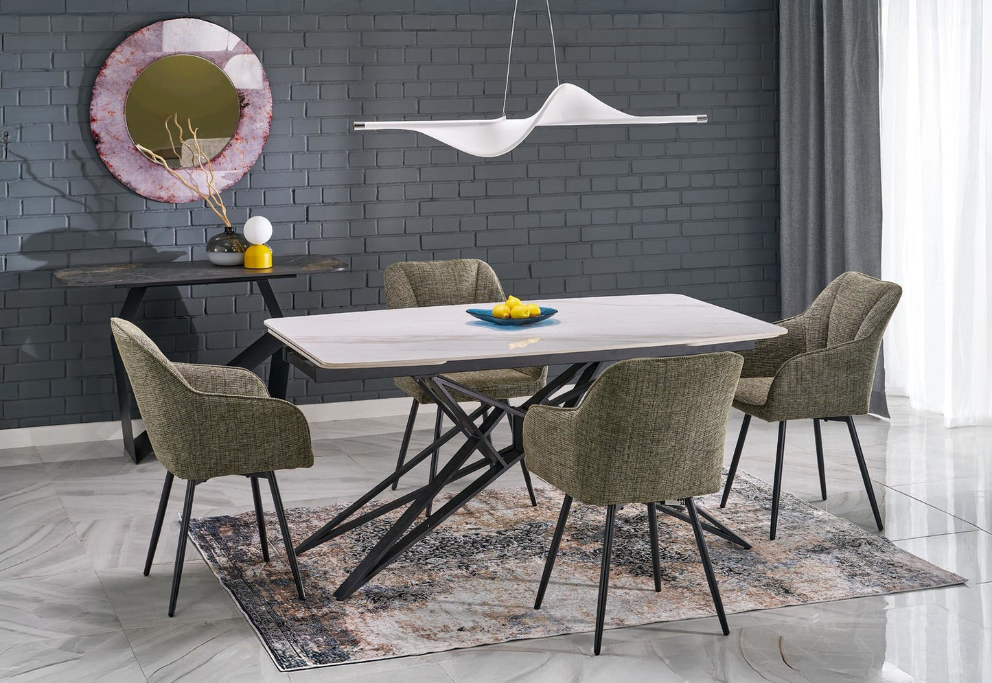 Galds Alfer 160-240/91/76 cm balts marmors/melns - N1 Home