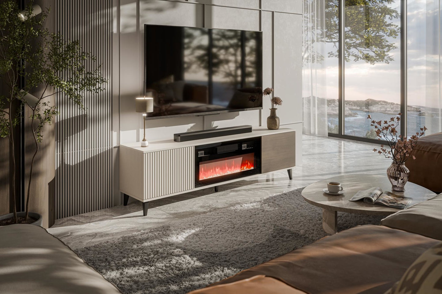 TV galdiņš ar kamīnu Berlin 180/40/52 cm kašmirs/valrieksts