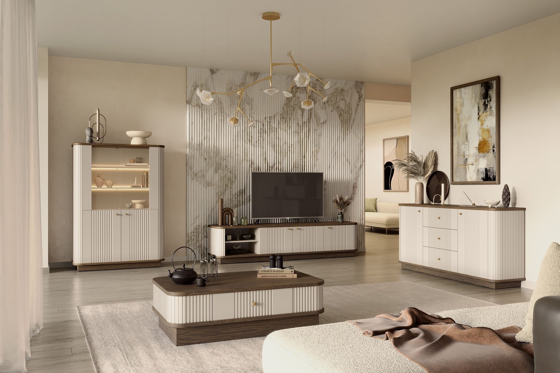 Kumode Vespa 160/77/38/ cm kašmirs/rieksts/zelts - N1 Home