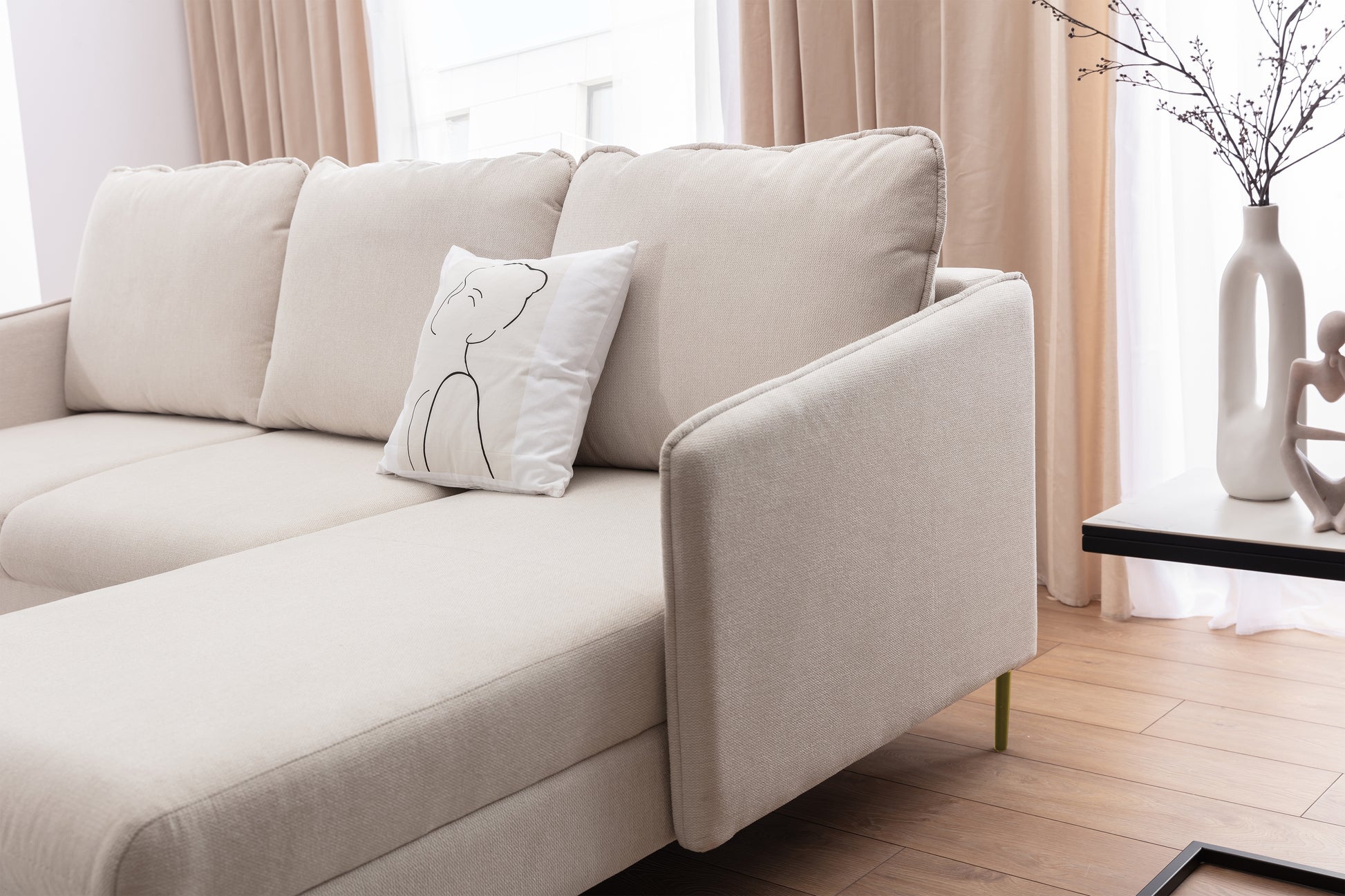 Dīvāns Tai 222/95/161 cm krēms/zelts kājas - N1 Home