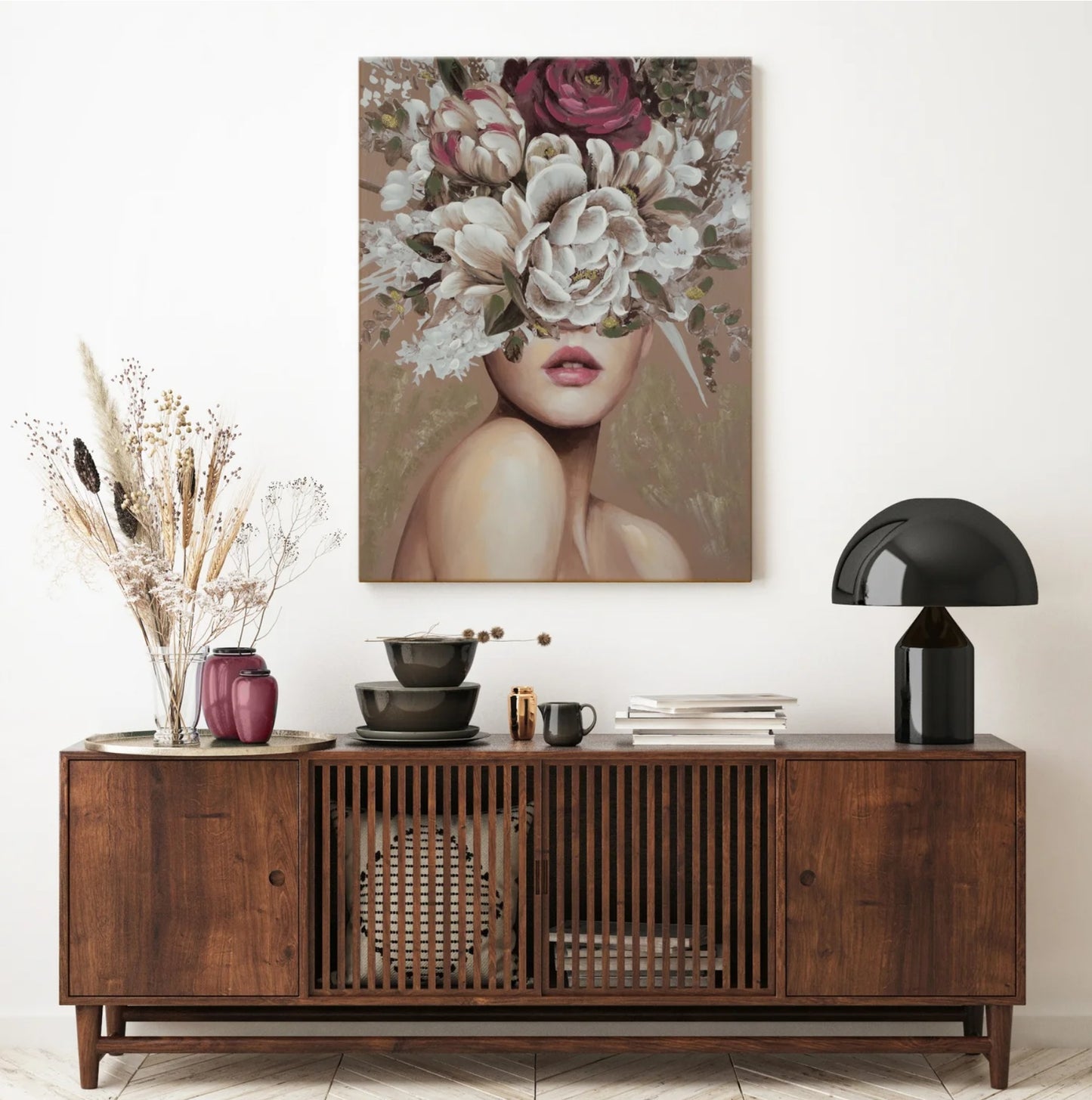 Glezna, ar roku gleznota uz audekla, sievietes portrets ar ziediem uz galvas 60/80 cm - N1 Home