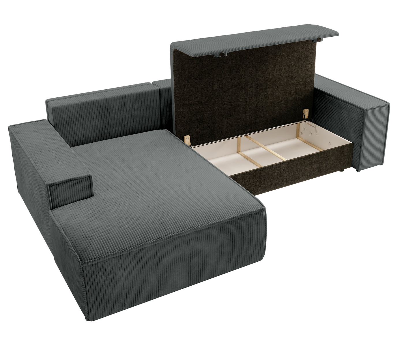 REFESE L-veida dīvāns ar gulēšanas funkciju un glabāšanas kasti, pelēks, kreisa/laba puse Poso 60 - N1 Home