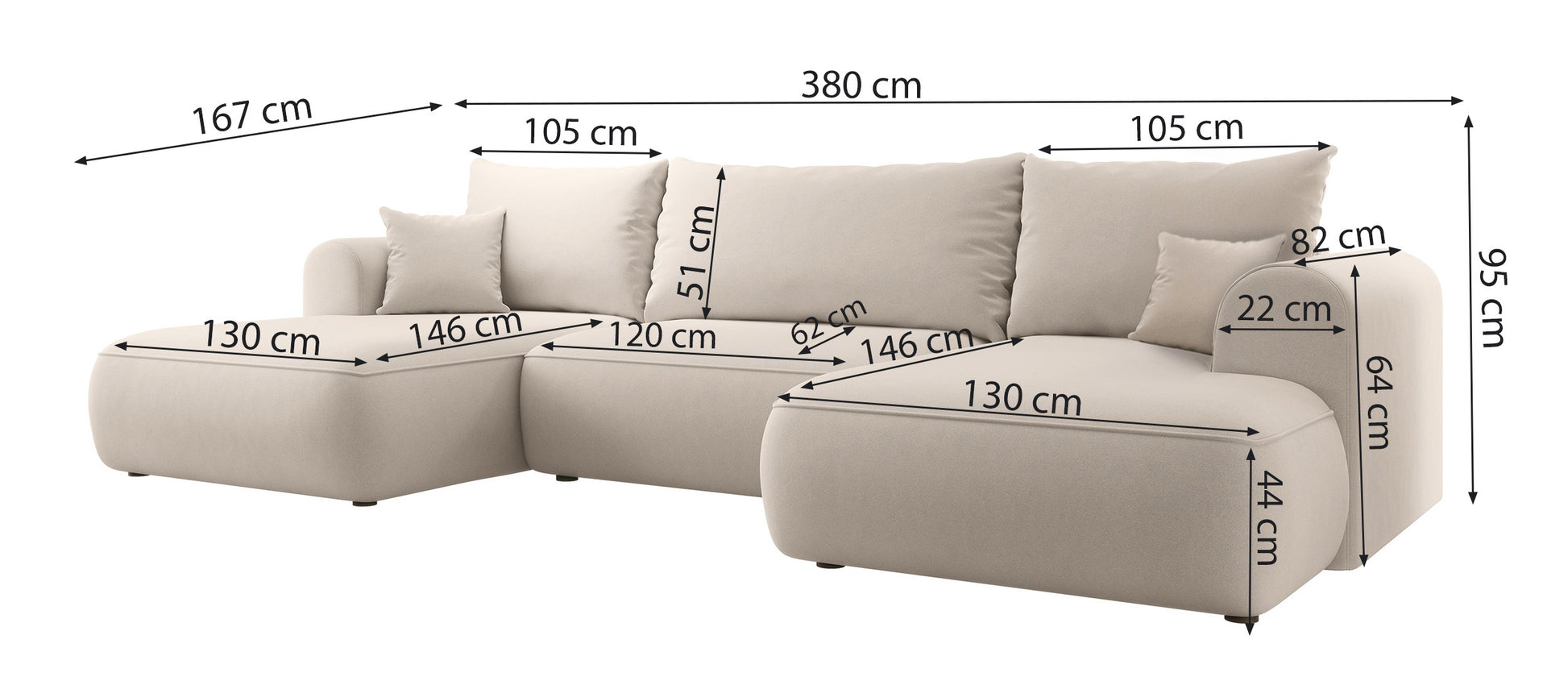 Dīvāns Ovors U 380/95/167 cm Castel 80 - N1 Home